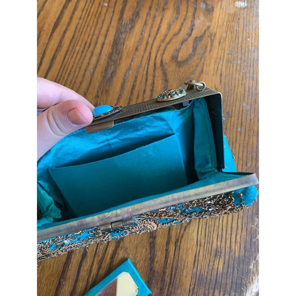 Vintage Blue Beaded Evening Bag Handbag Turquoise Goldwork Embroidery Fair